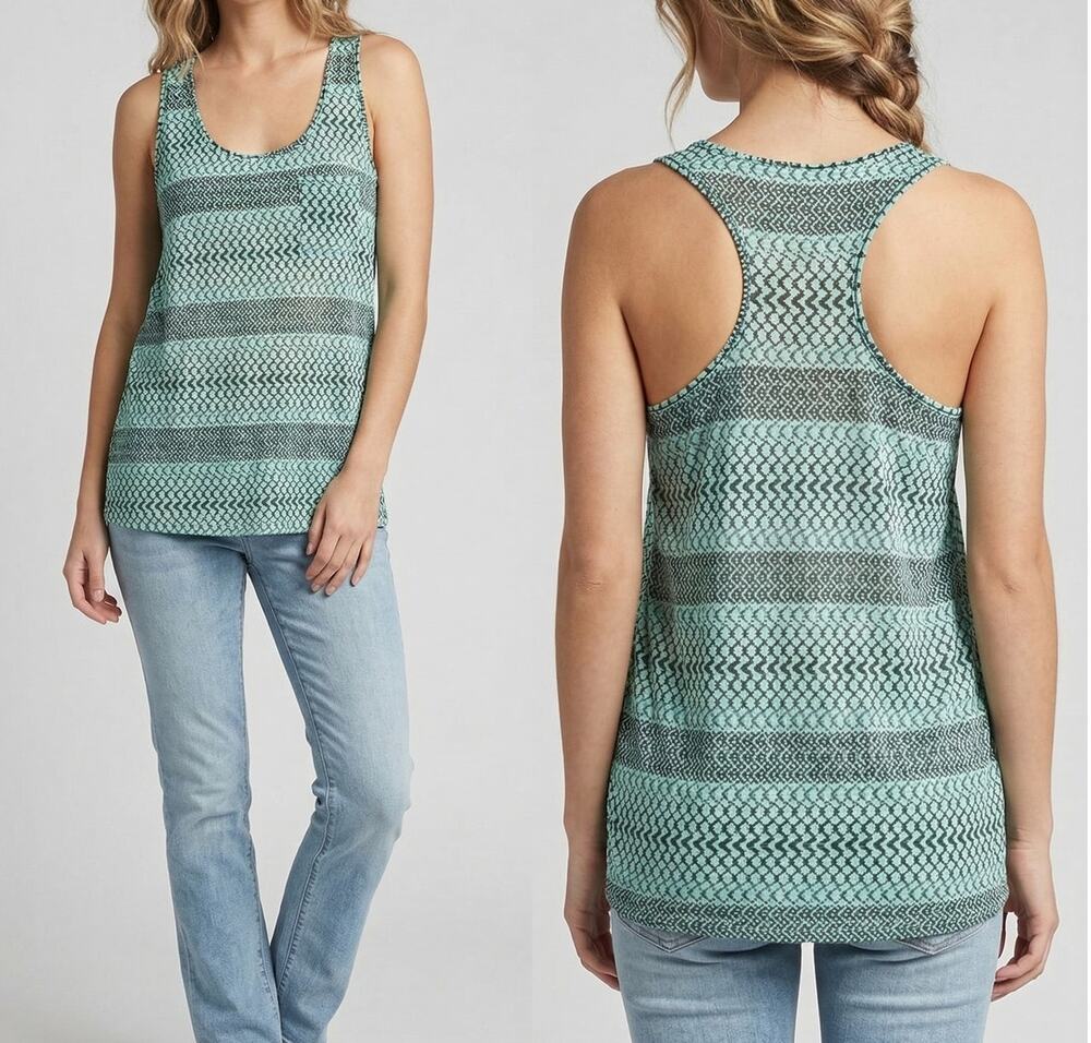 Olive & Oak Womens Medium Sheer Sleeveless Patterned Top Green Black